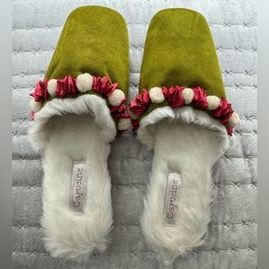 Custom made suede and faux fur slides by French designer Cappucine